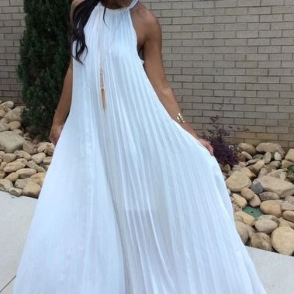 White Pleated Halter Maxi Dress